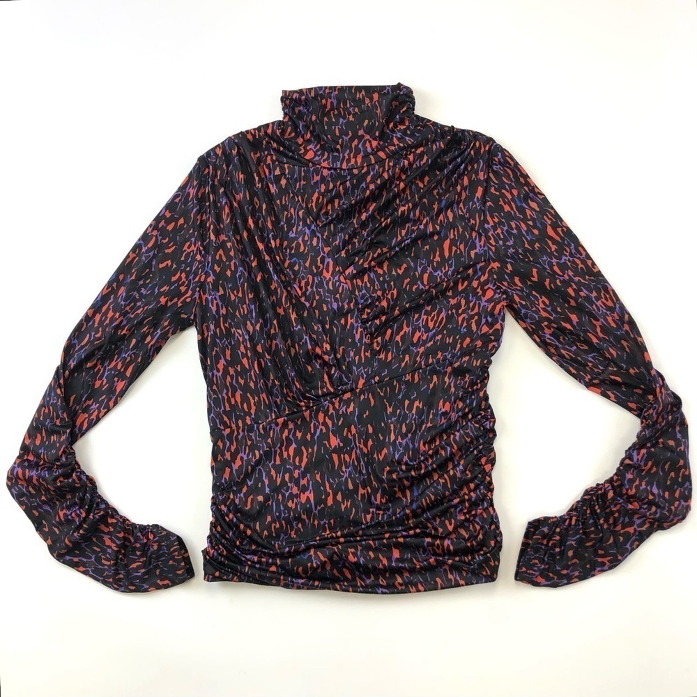 Lamarque black orange ruched asymmetrical animal print turtleneck Large